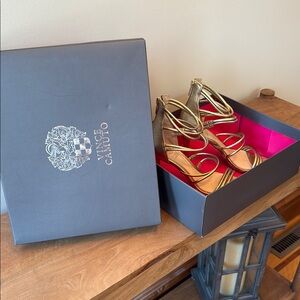 Vince Camuto Gold Heels Glamorous Strappy Style